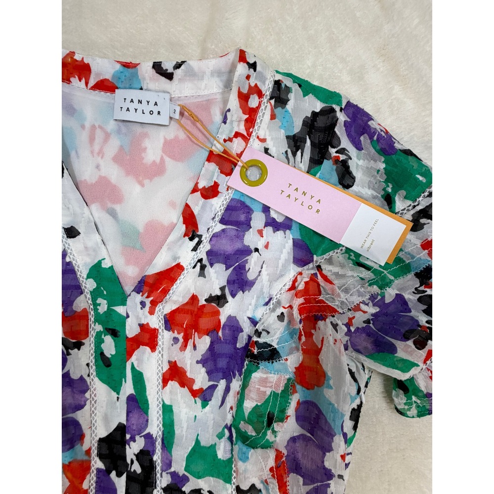 Tanya Taylor Rhett Multi Floral Ruffle V-Neck Mini Dress Womens 2 New - Picture 14 of 15